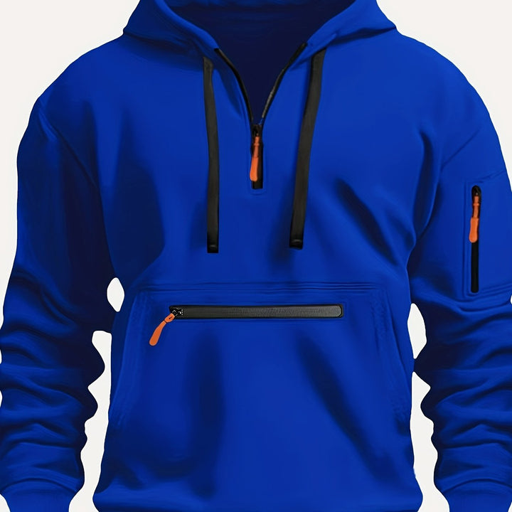 Men's Solid Color Half-Zip Long Sleeve Casual Hoodie with Pocket