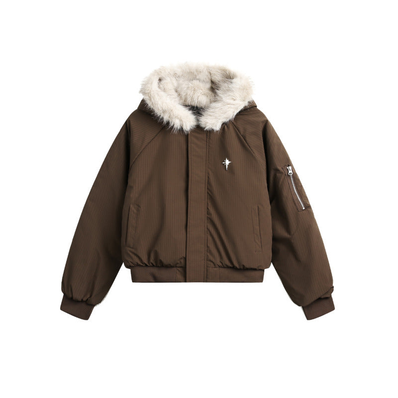 Men's Warm Bomber Jacket with Fur Hood