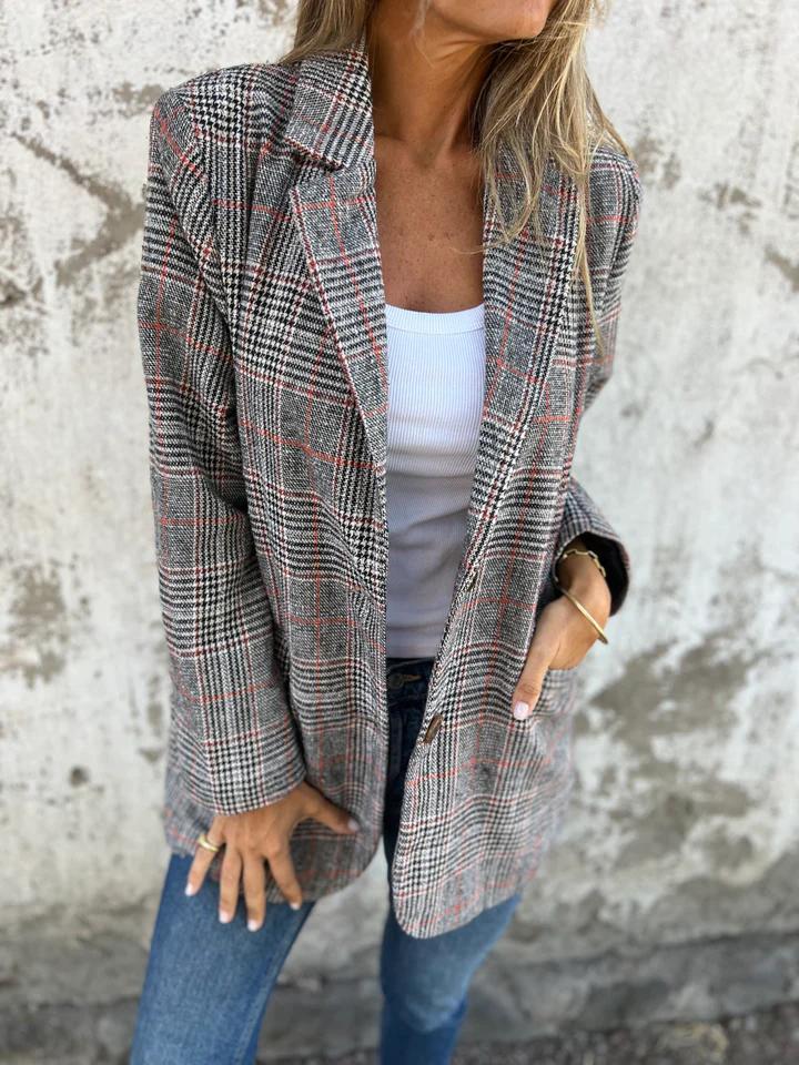 Women's Plaid Single-Breasted Blazer with Notch Lapel & Pockets