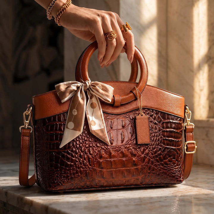 Women's Crocodile-Embossed Leather Handbag with Round Handles