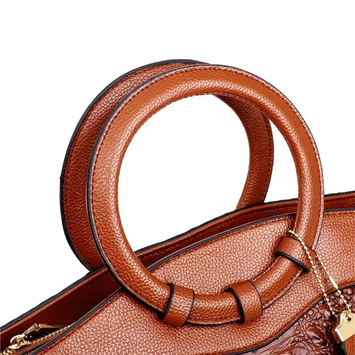 Women's Crocodile-Embossed Leather Handbag with Round Handles