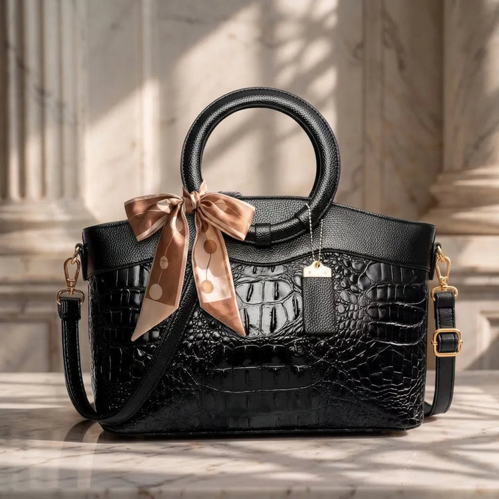 Women's Crocodile-Embossed Leather Handbag with Round Handles