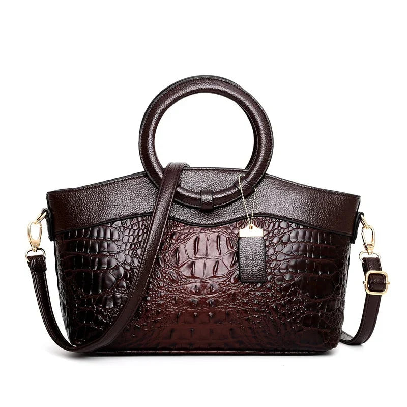 Women's Crocodile-Embossed Leather Handbag with Round Handles
