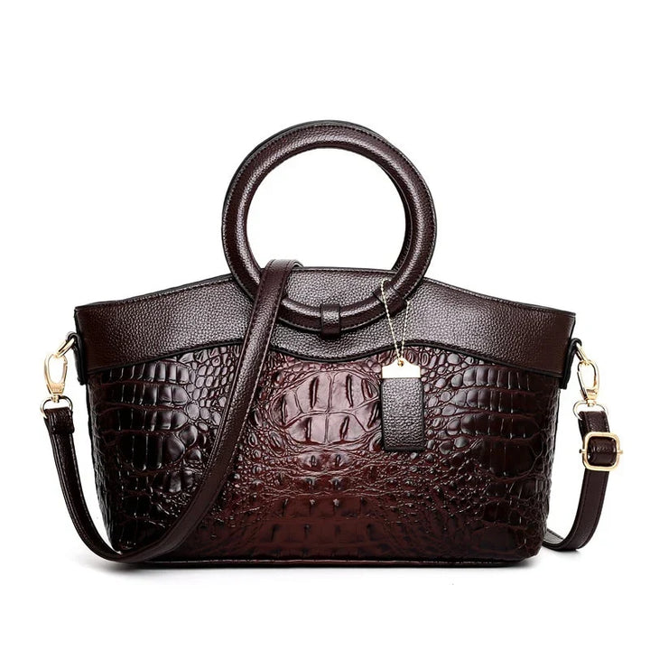 Women's Crocodile-Embossed Leather Handbag with Round Handles
