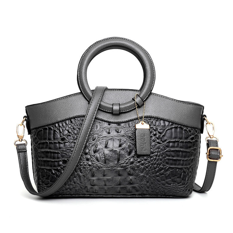 Women's Crocodile-Embossed Leather Handbag with Round Handles
