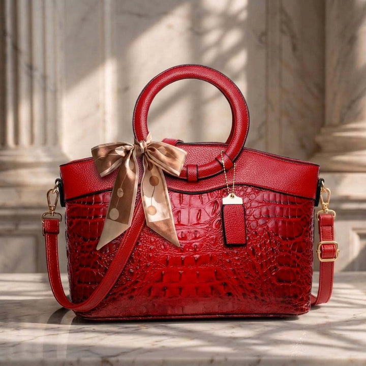 Women's Crocodile-Embossed Leather Handbag with Round Handles