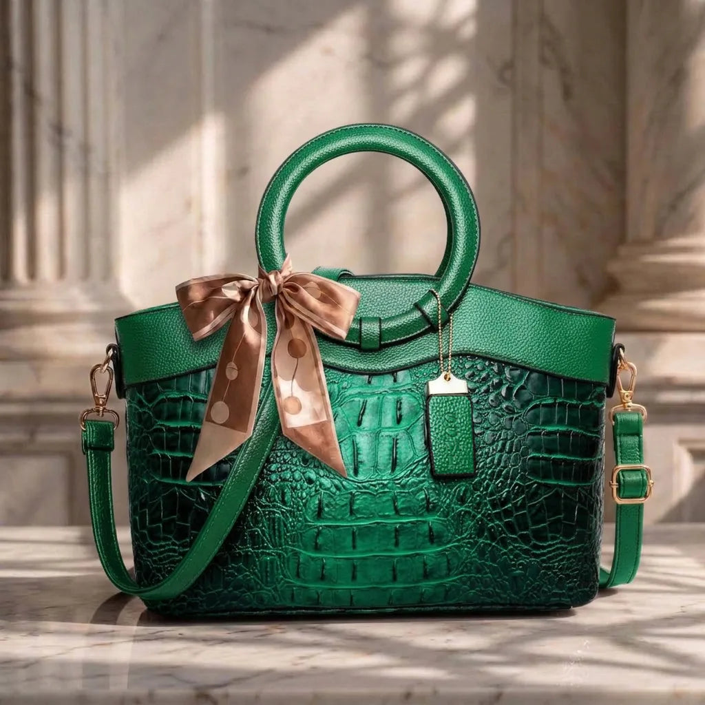 Women's Crocodile-Embossed Leather Handbag with Round Handles