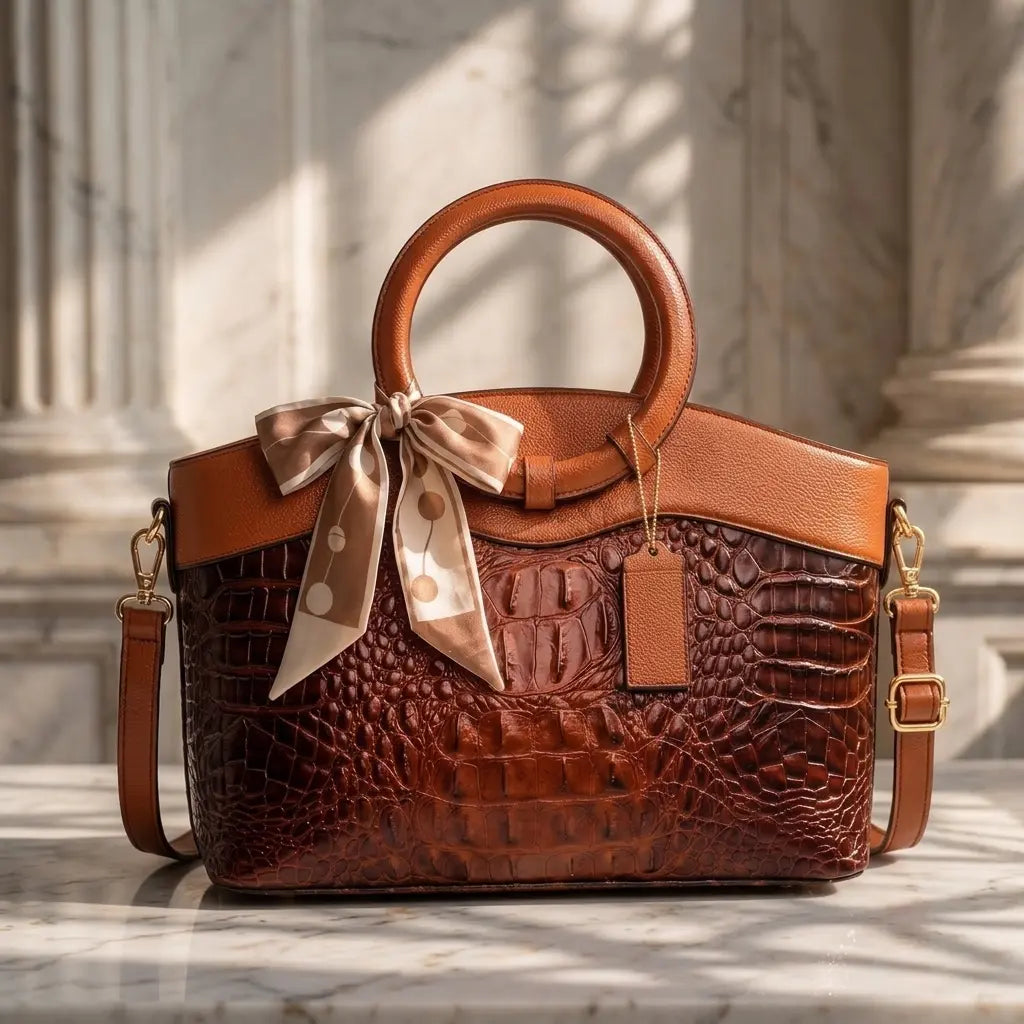 Women's Crocodile-Embossed Leather Handbag with Round Handles