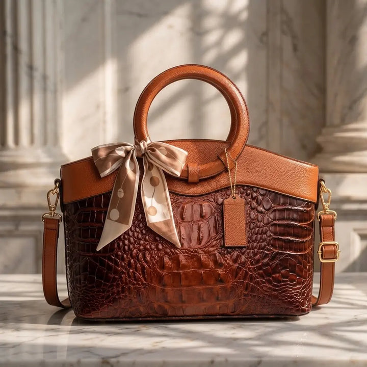 Women's Crocodile-Embossed Leather Handbag with Round Handles