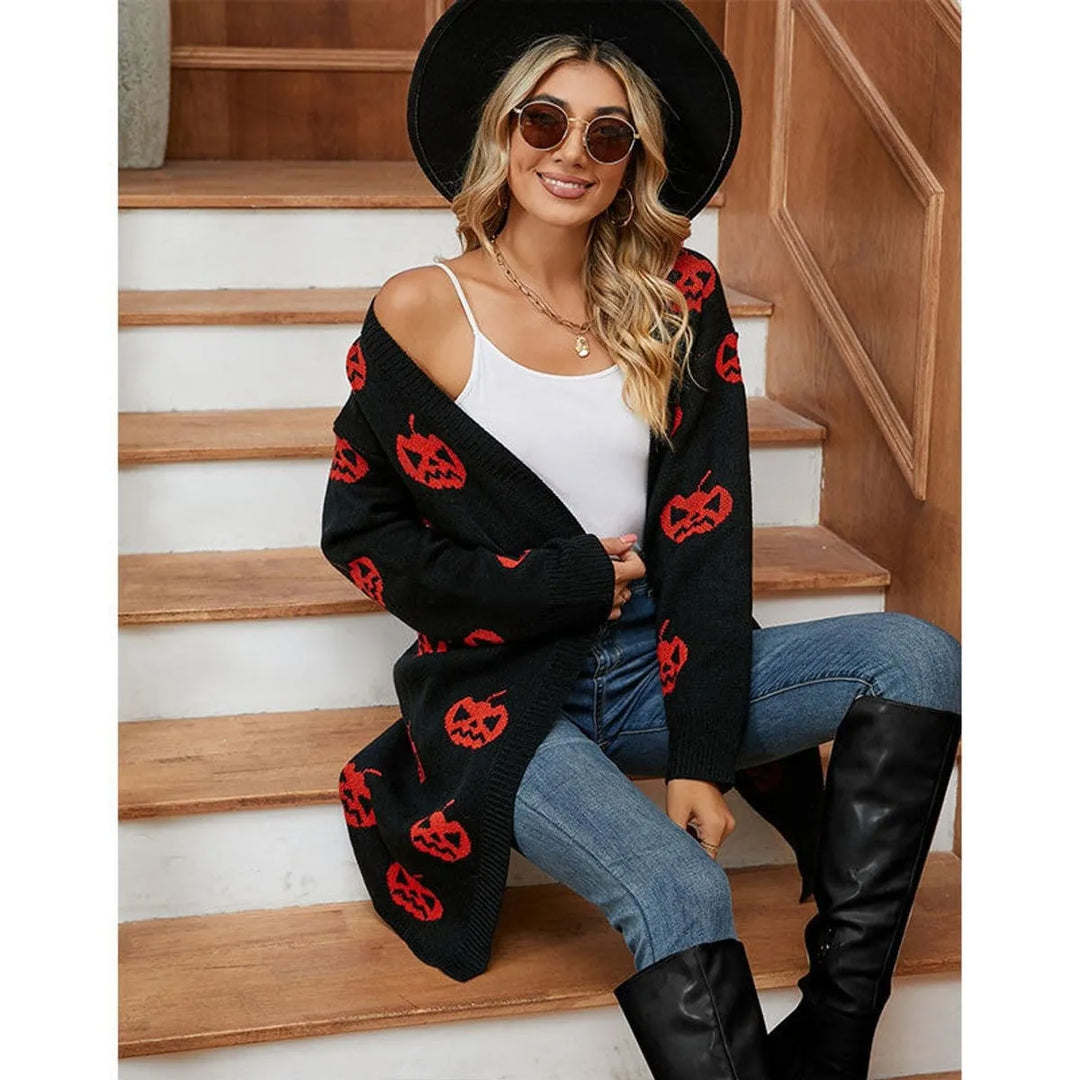 Women's Pumpkin Print Open-Front Knit Halloween Cardigan