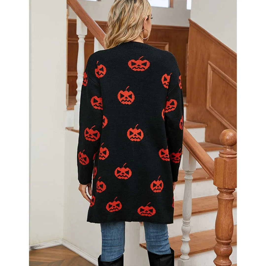 Women's Pumpkin Print Open-Front Knit Halloween Cardigan