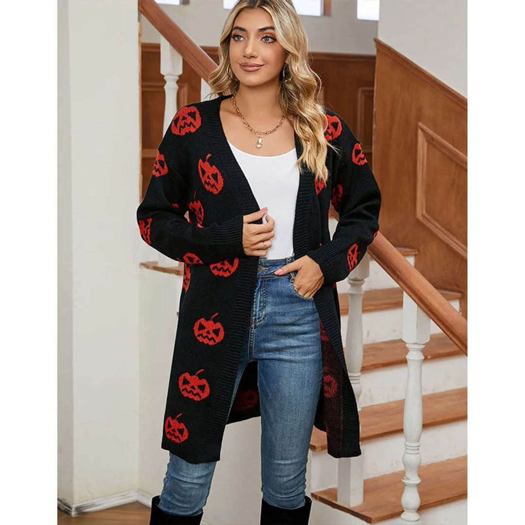 Women's Pumpkin Print Open-Front Knit Halloween Cardigan