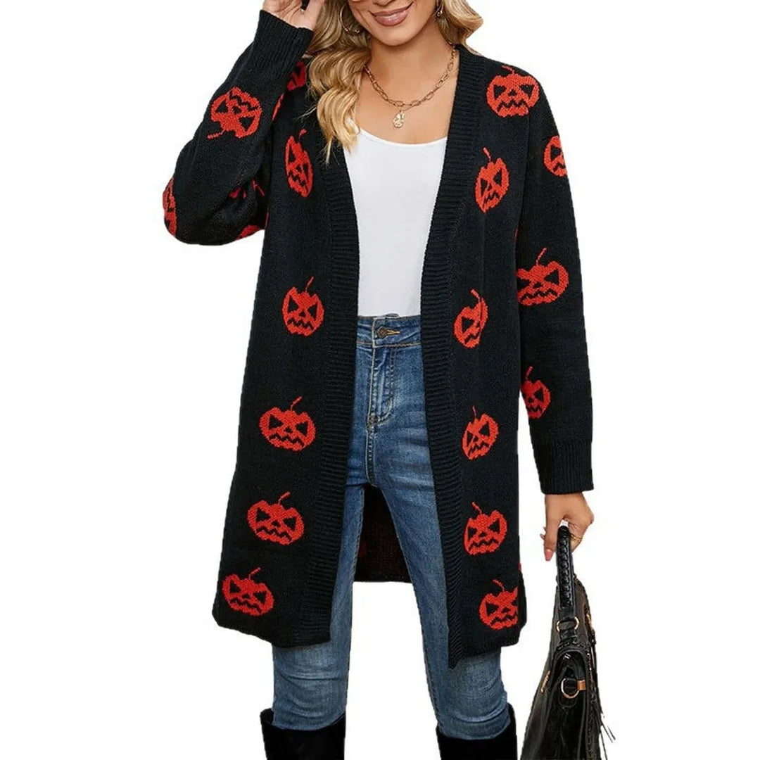 Women's Pumpkin Print Open-Front Knit Halloween Cardigan