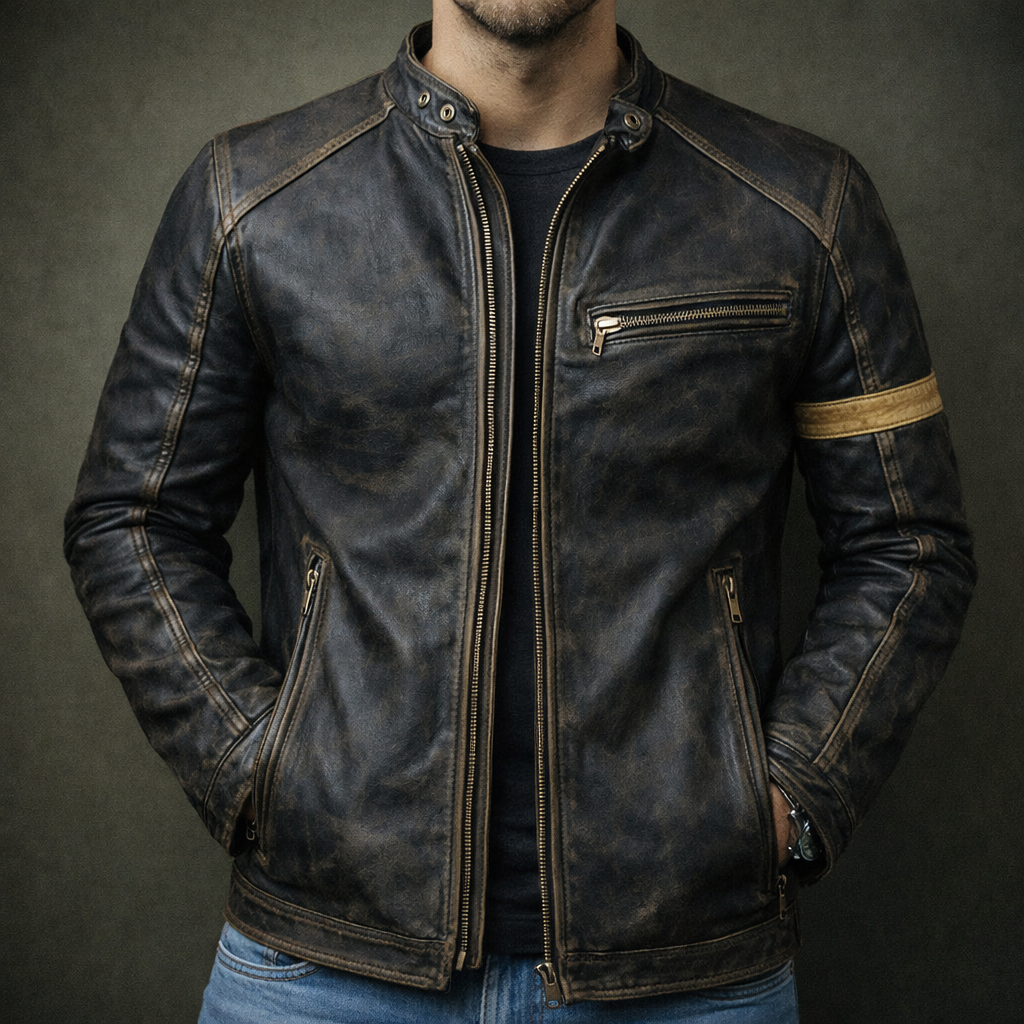 Men's Zip-Up Patina Leather Jacket for Stylish Casual Wear
