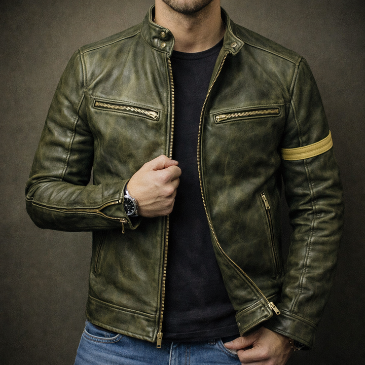 Men's Zip-Up Patina Leather Jacket for Stylish Casual Wear