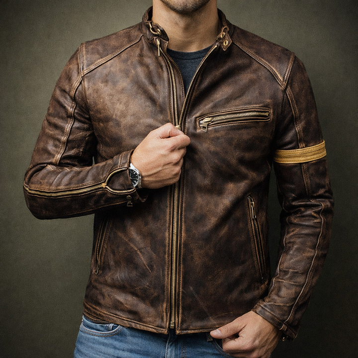 Men's Zip-Up Patina Leather Jacket for Stylish Casual Wear