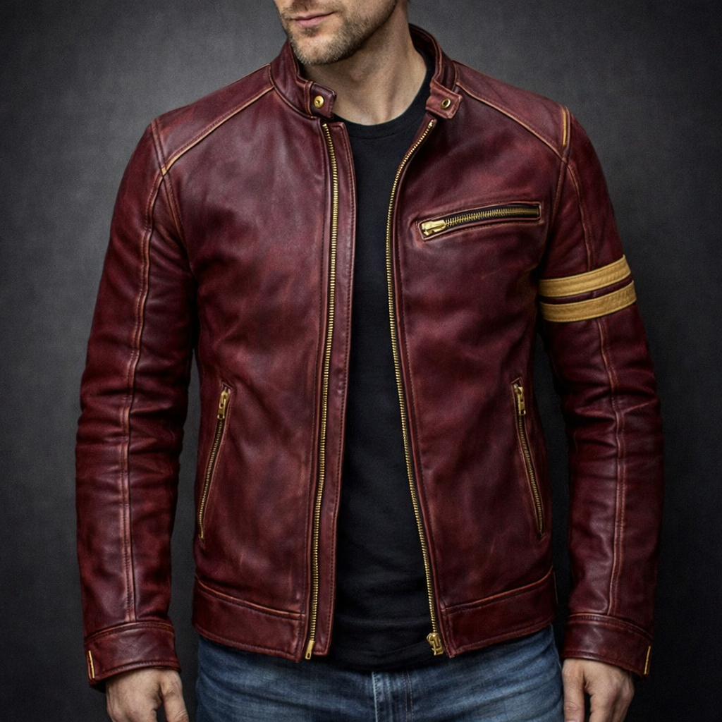 Men's Zip-Up Patina Leather Jacket for Stylish Casual Wear