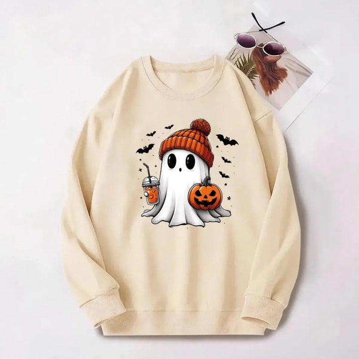 Women's Halloween Graphic Crewneck Sweatshirt — Ghost and Pumpkin Design