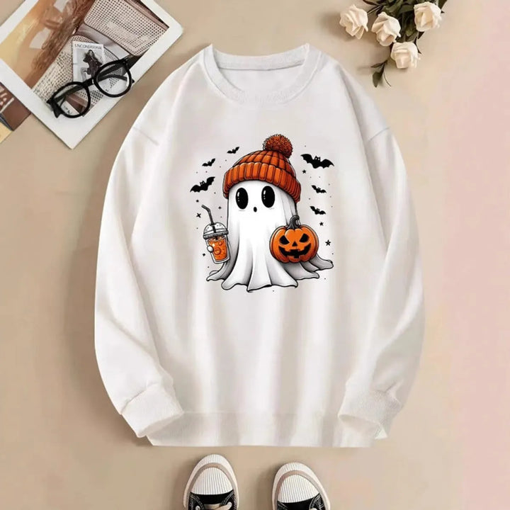 Women's Halloween Graphic Crewneck Sweatshirt — Ghost and Pumpkin Design