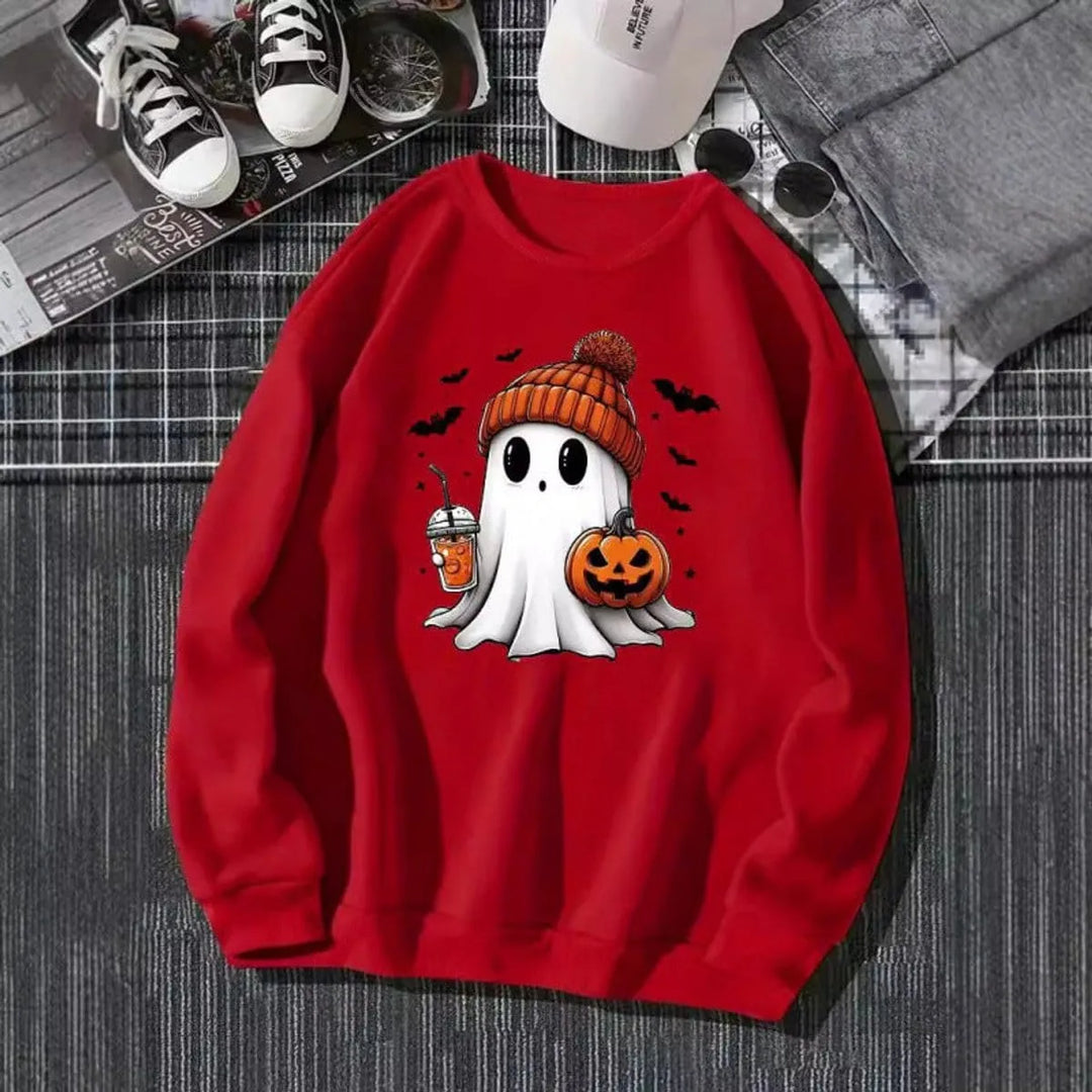 Women's Halloween Graphic Crewneck Sweatshirt — Ghost and Pumpkin Design