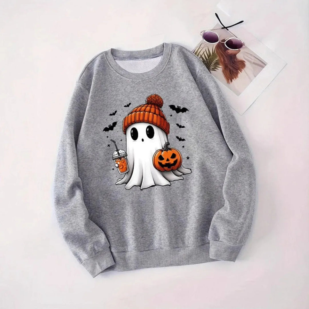 Women's Halloween Graphic Crewneck Sweatshirt — Ghost and Pumpkin Design
