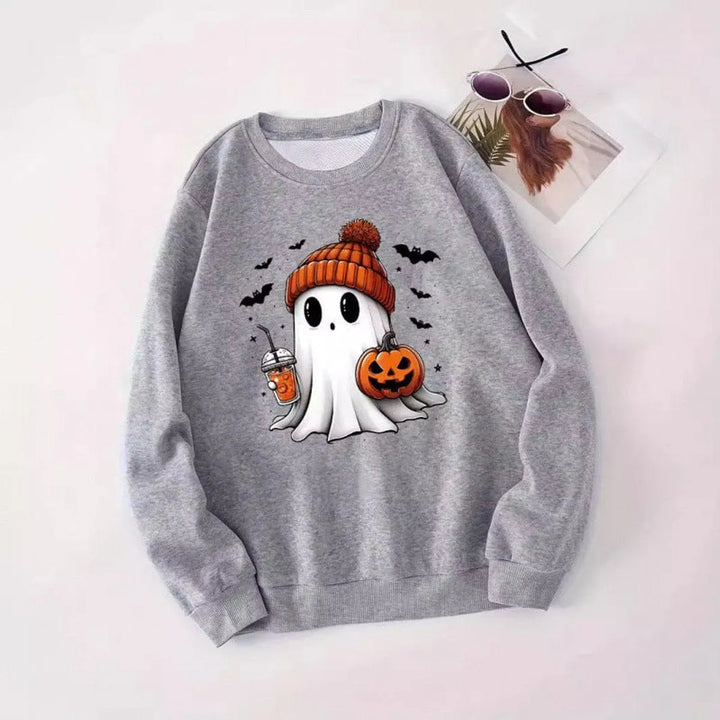 Women's Halloween Graphic Crewneck Sweatshirt — Ghost and Pumpkin Design