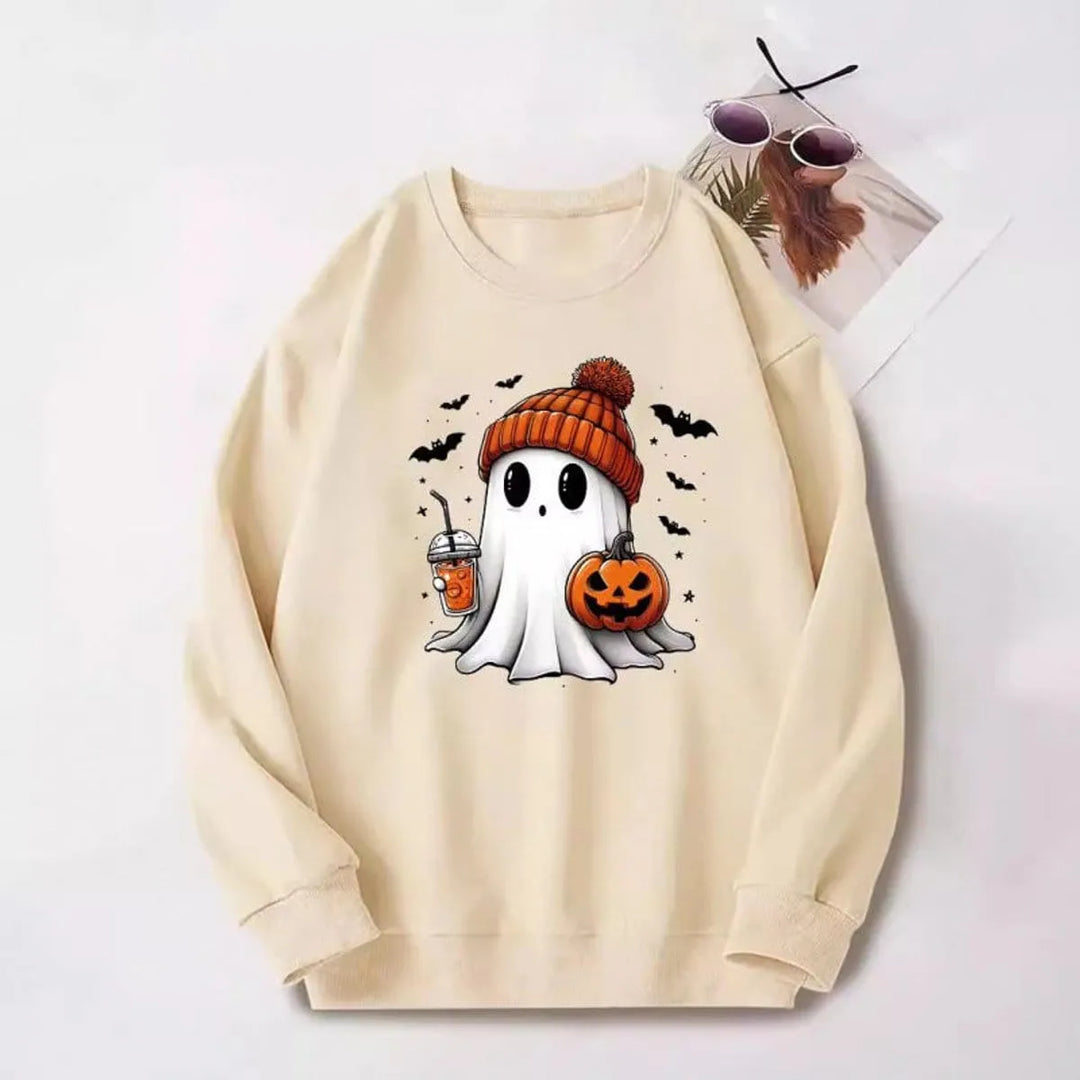 Women's Halloween Graphic Crewneck Sweatshirt — Ghost and Pumpkin Design