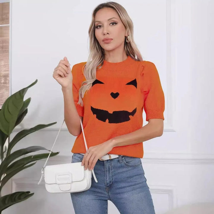 Women's Pumpkin Face Knit Short-Sleeve Halloween Sweater