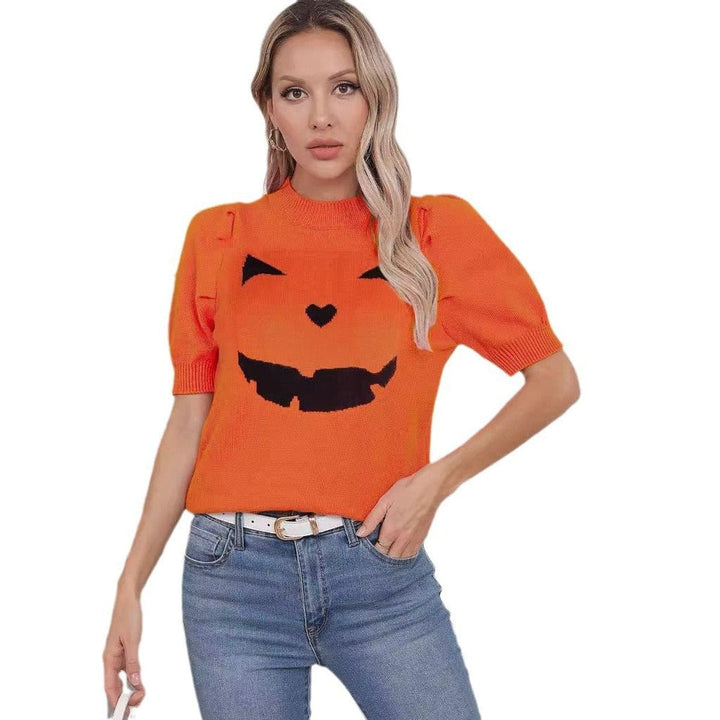 Women's Pumpkin Face Knit Short-Sleeve Halloween Sweater