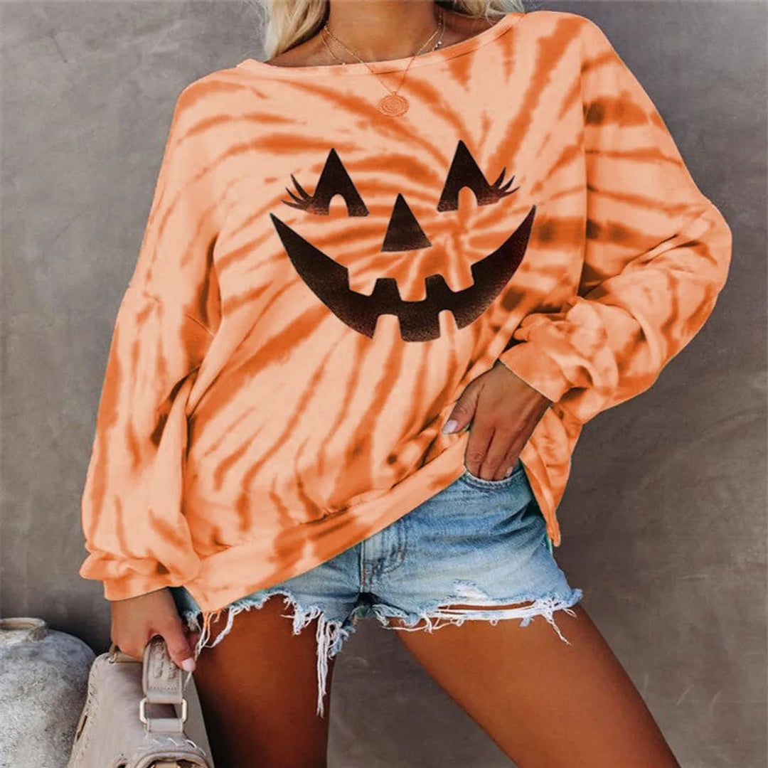 Women's Pumpkin Face Tie-Dye Halloween Sweatshirt