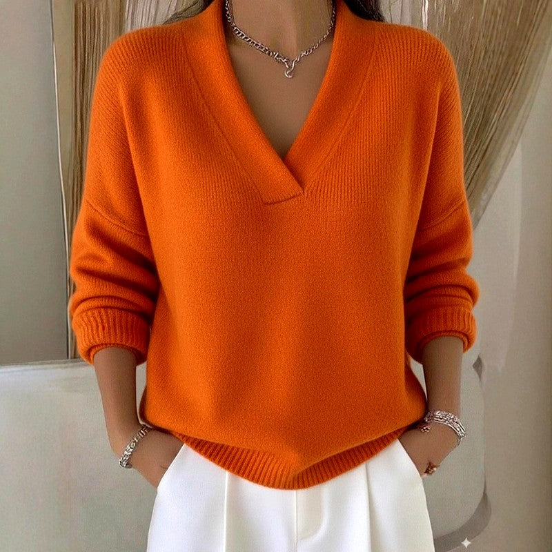 Women's Ribbed V-Neck Loose Knit Sweater