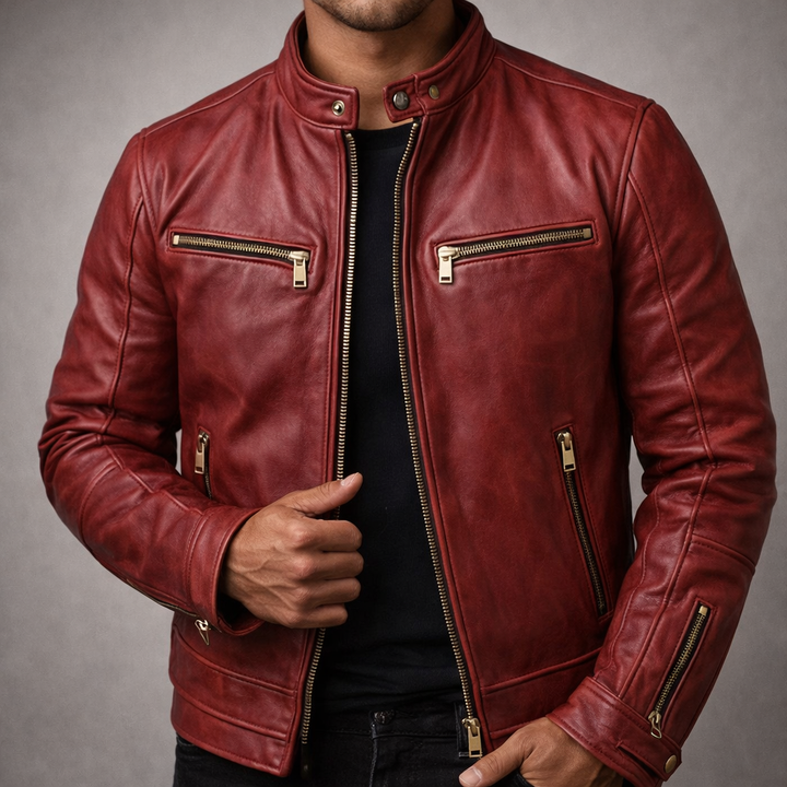 Men's Vintage Leather Moto Jacket with Gold Zipper Accents