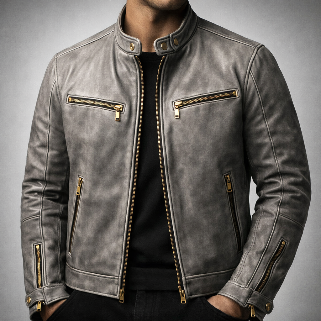 Men's Vintage Leather Moto Jacket with Gold Zipper Accents