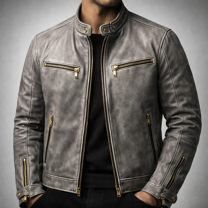 Men's Vintage Leather Moto Jacket with Gold Zipper Accents