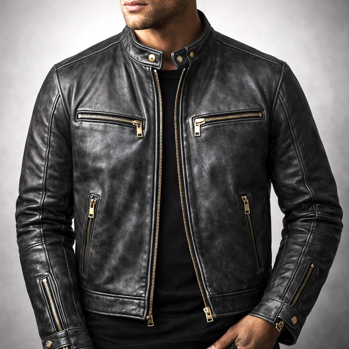 Men's Vintage Leather Moto Jacket with Gold Zipper Accents