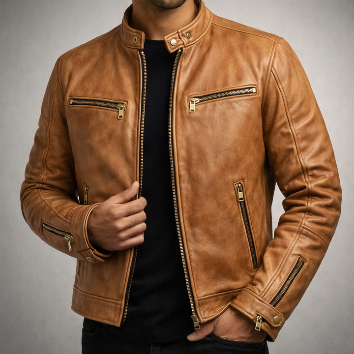 Men's Vintage Leather Moto Jacket with Gold Zipper Accents