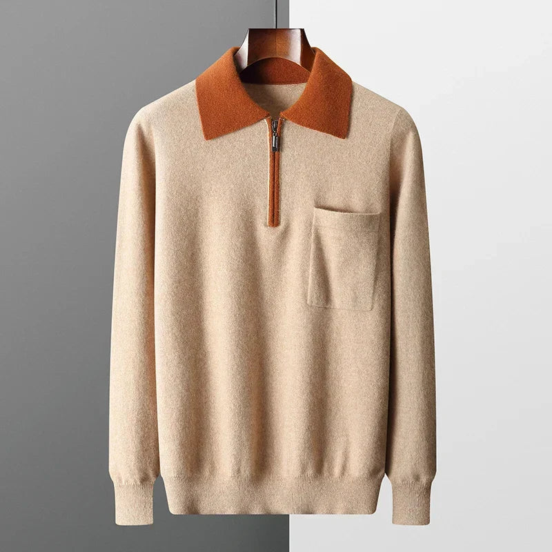 Men's Cashmere Half-Zip Polo with Contrast Collar