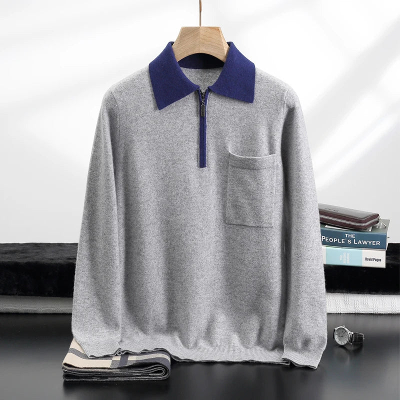 Men's Cashmere Half-Zip Polo with Contrast Collar