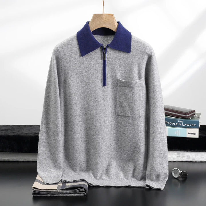 Men's Cashmere Half-Zip Polo with Contrast Collar
