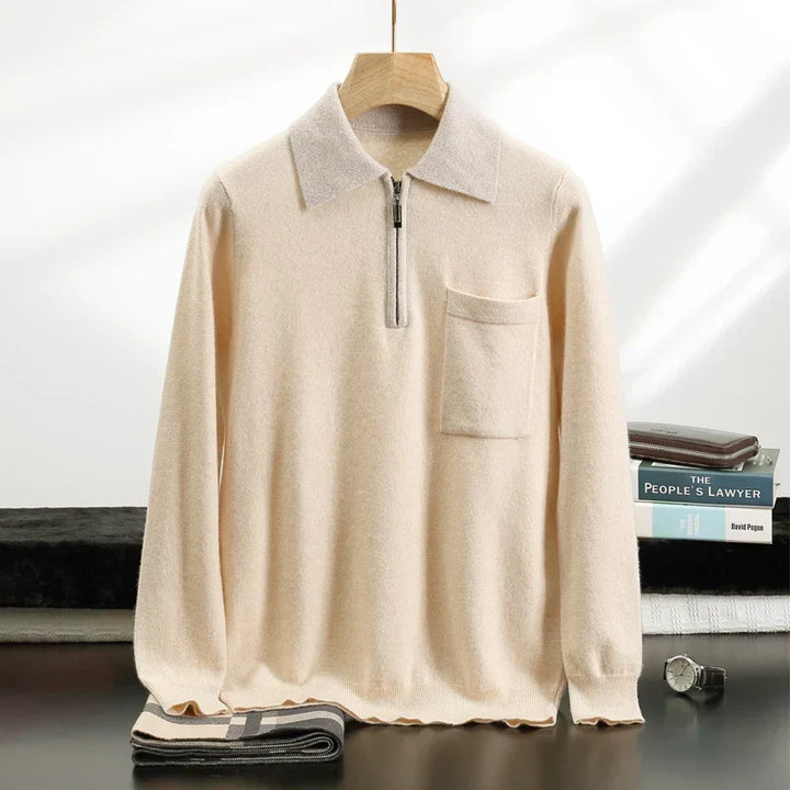 Men's Cashmere Half-Zip Polo with Contrast Collar