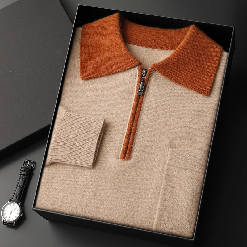 Men's Cashmere Half-Zip Polo with Contrast Collar