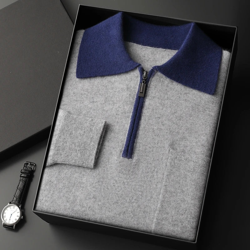 Men's Cashmere Half-Zip Polo with Contrast Collar
