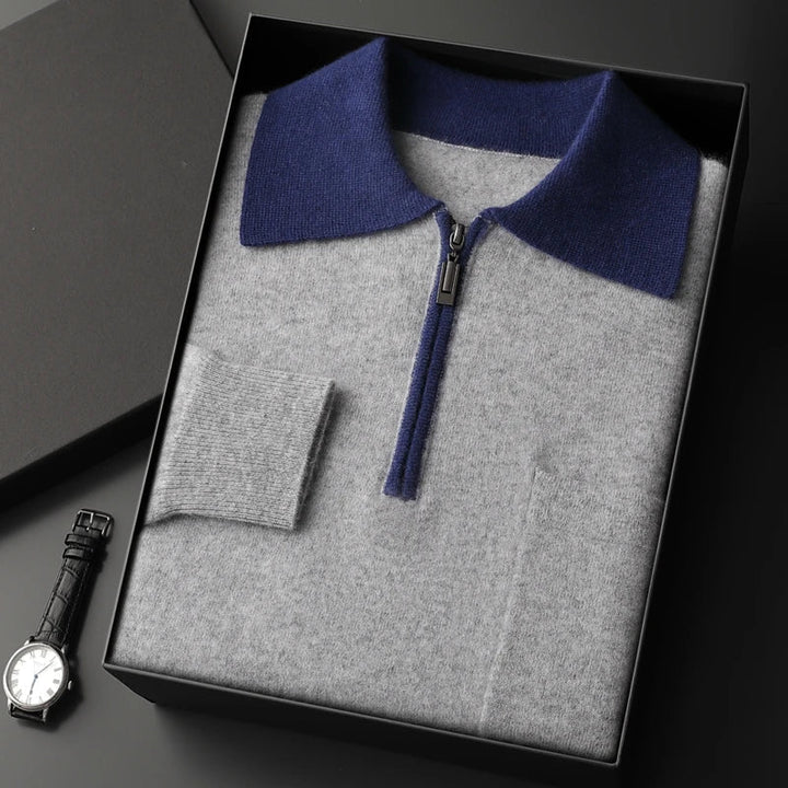 Men's Cashmere Half-Zip Polo with Contrast Collar