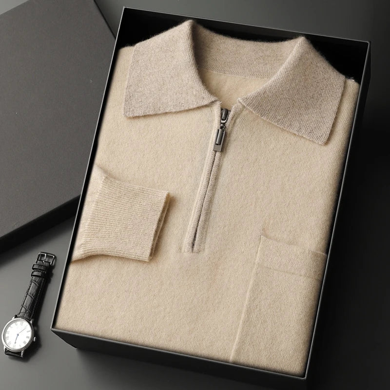 Men's Cashmere Half-Zip Polo with Contrast Collar