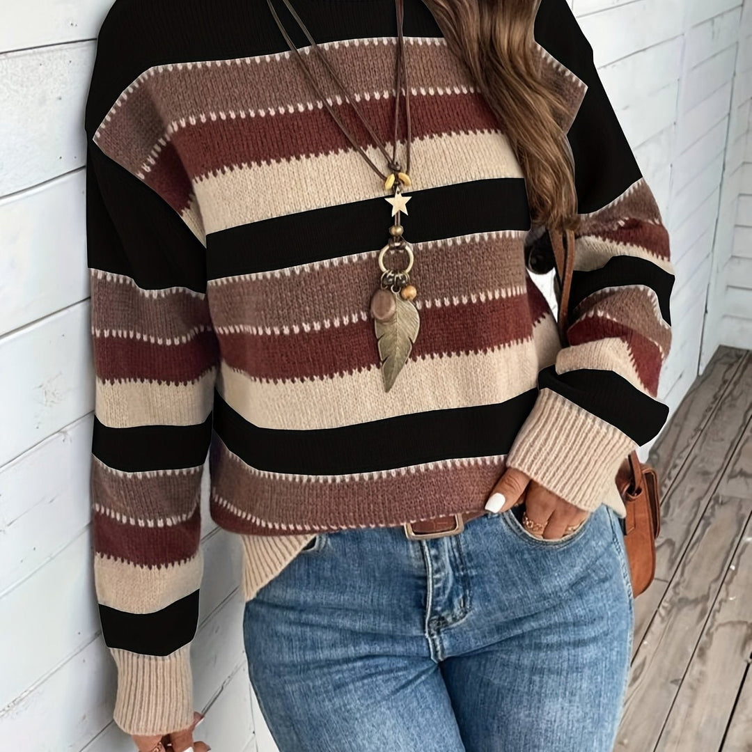 Women's Striped Knit Sweater with Round Neck for Stylish Comfort