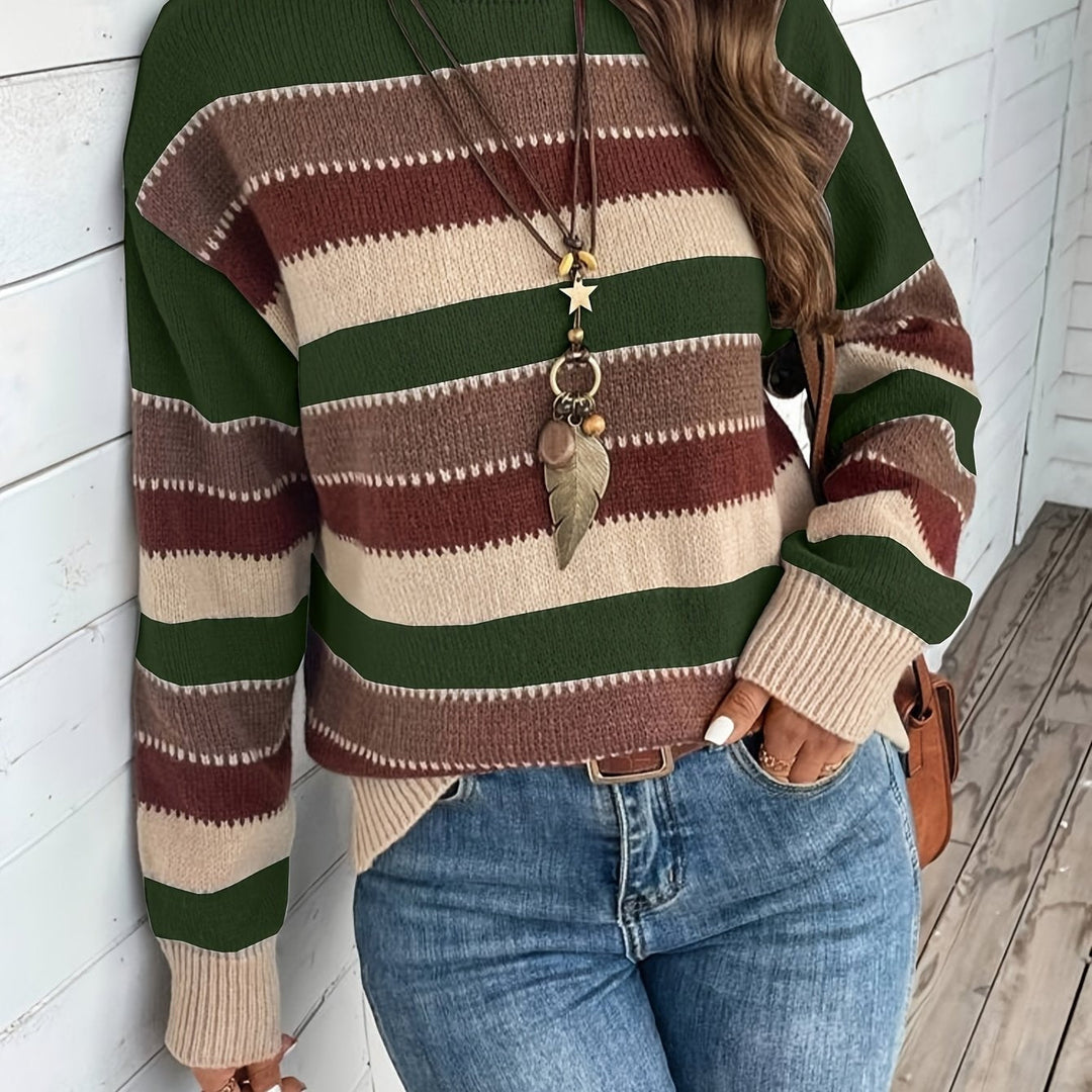 Women's Striped Knit Sweater with Round Neck for Stylish Comfort