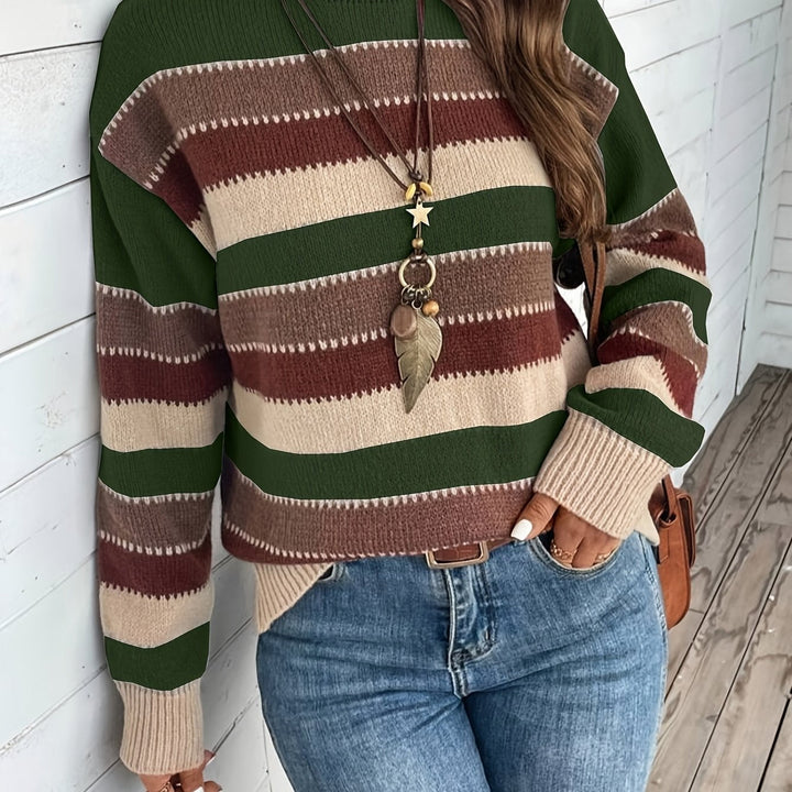 Women's Striped Knit Sweater with Round Neck for Stylish Comfort