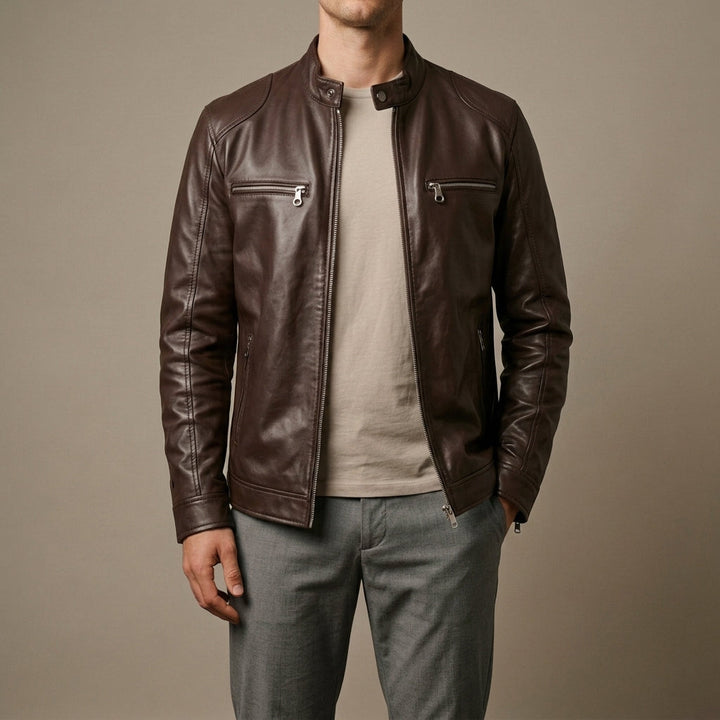 Men's Leather Moto Jacket with Zip Chest Pockets