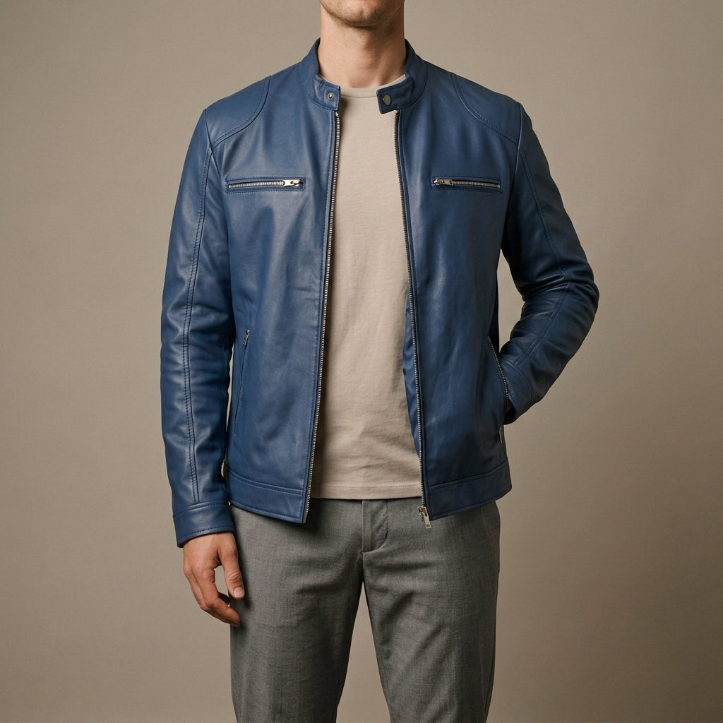 Men's Leather Moto Jacket with Zip Chest Pockets