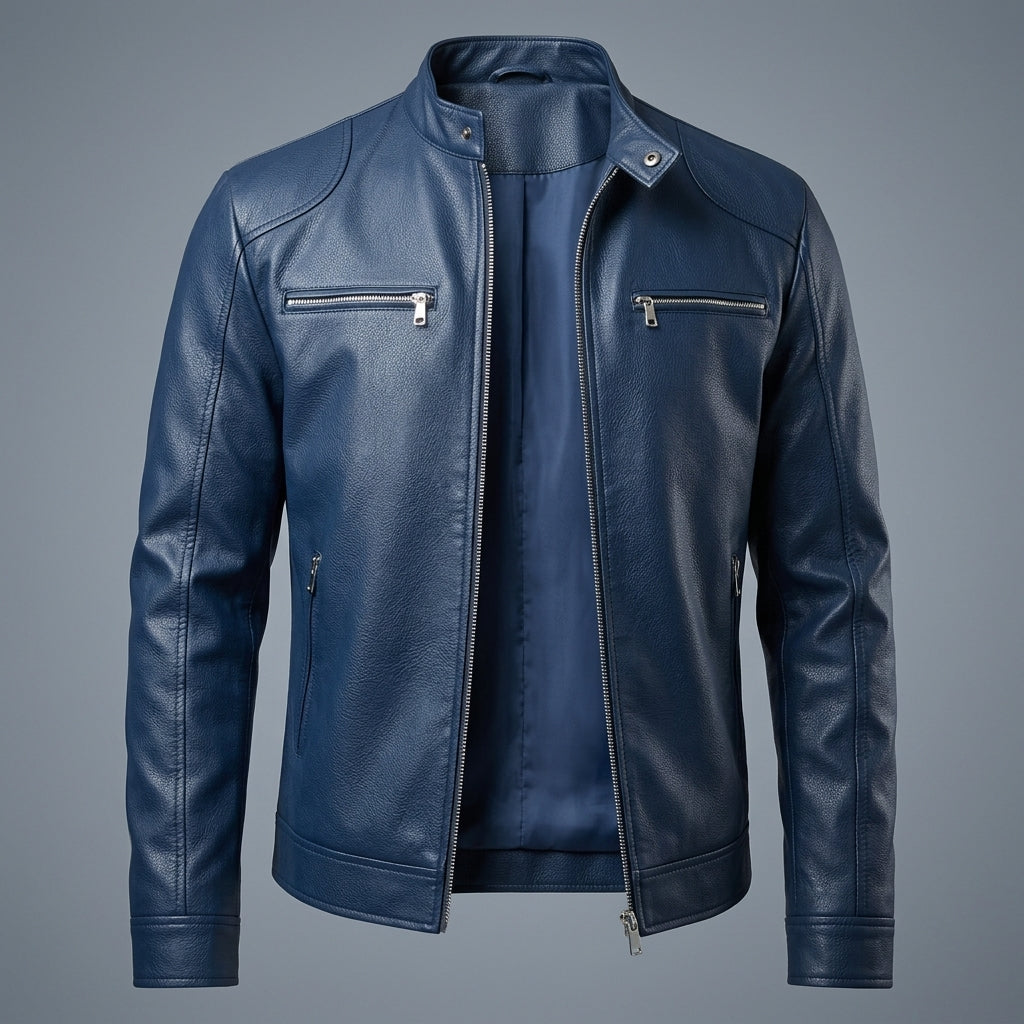 Men's Leather Moto Jacket with Zip Chest Pockets